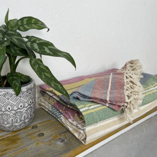 100% cotton handloomed multi-coloured bedspread blue and neutral tone throw 230cm x 180cm